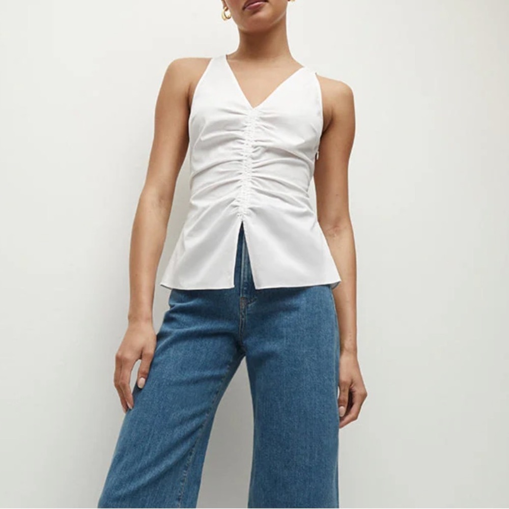 Veronica Beard White Ruched V-Neck Sleeveless Top